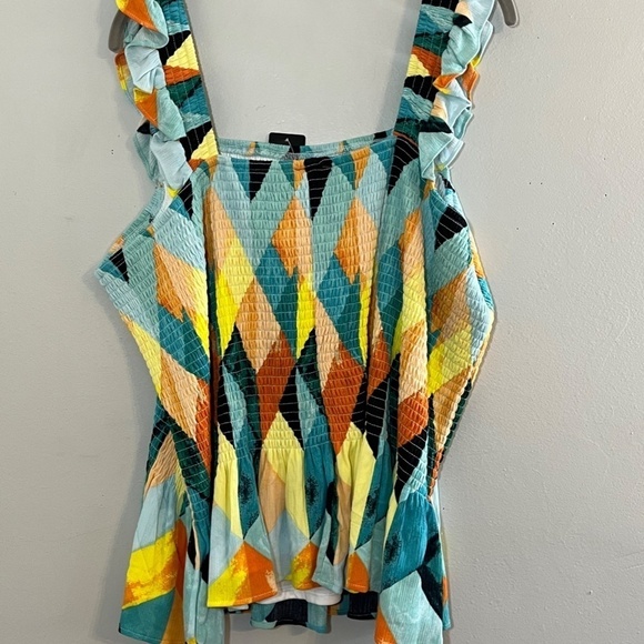 Torrid Top Women 4X Yellow Peplum Crinkle Gauze Smocked Ruffle Geometric Goth - Picture 12 of 15